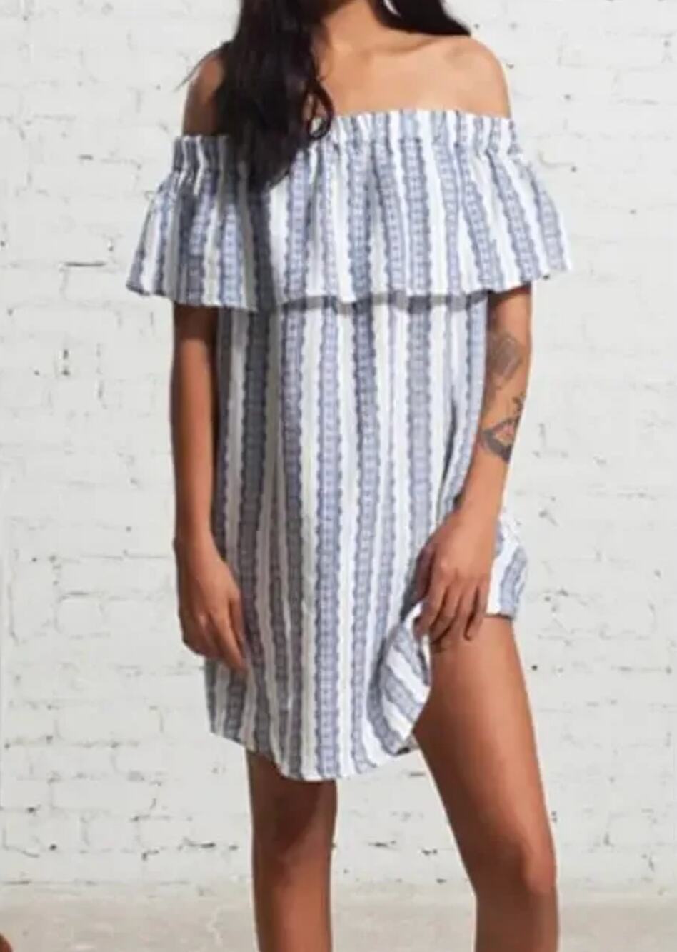 Sea New York | Linen Off the Shoulder Dress | Blue White stripe | Sz 4